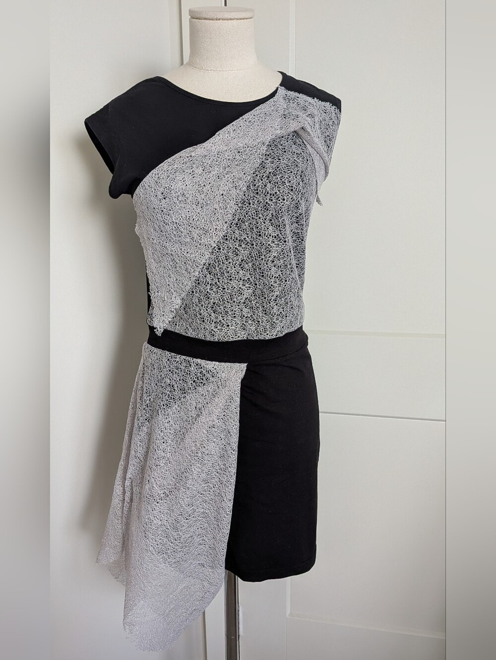 Izzue Asymetrical Grey Knitted Mesh Black Dress XS
